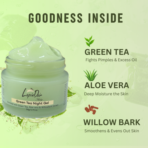 Green Tea Night Gel | With Aloe Vera & Willow Bark Extract | 50g - Image 4